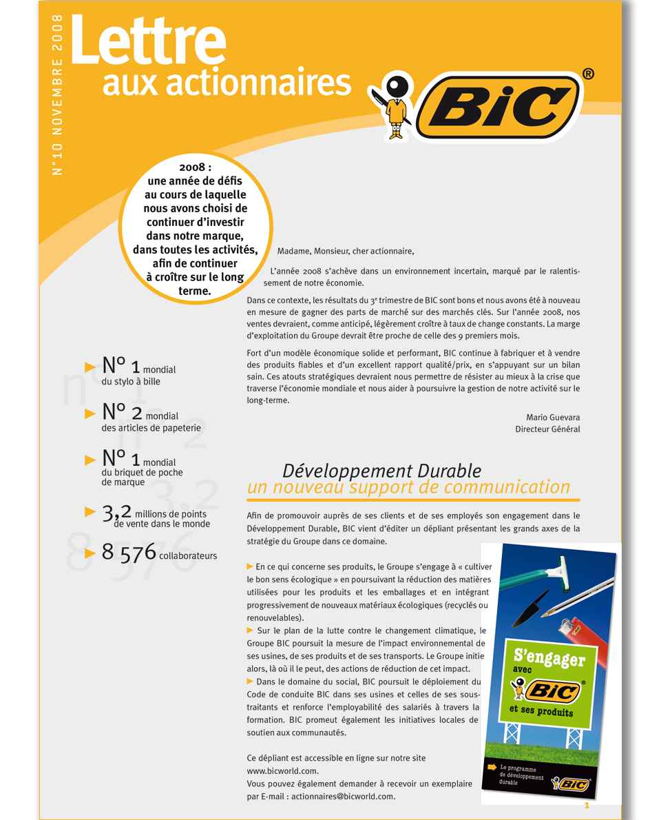 BIC Lettre aux actionnaires 2008